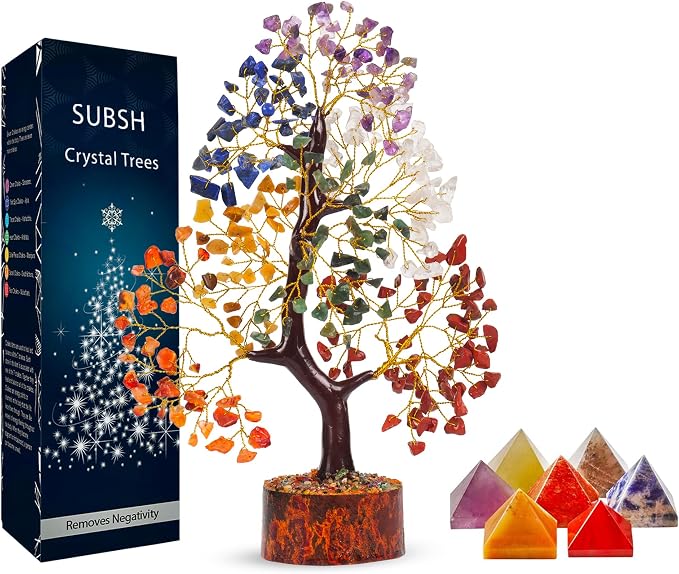 Seven Chakra Gemstone Tree with Chakra Pyramids, Crystal Tree, Fake Plants Home Decor, Crystals, Birthday gifts for women, Office Desk Accessories, Crystals and Healing Stones, Room Decor, Gift 10-12"