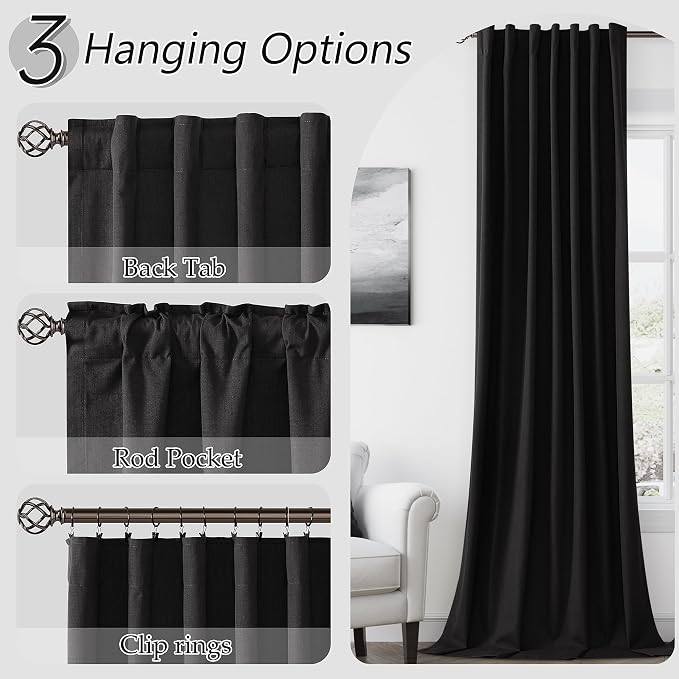 Guken Black 100% Blackout Linen Curtains 63 Inch Length 2 Panels Set for Living Room Bedroom Back Tab Thermal Insulated Black Out Drapes Room Darkening Farmhouse Window Curtains 52x63