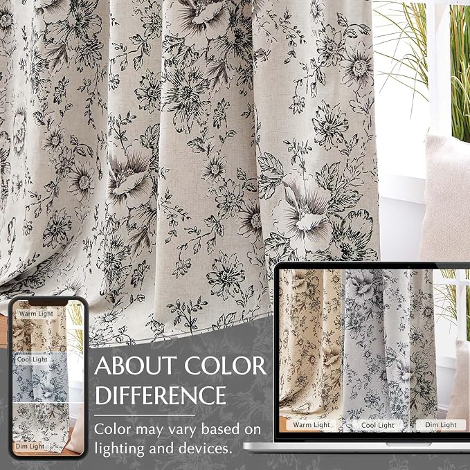 jinchan Black Floral Linen Blackout Curtains 96 Inch Back Tab 2 Panels | Blackout lining, room darkening drapes, farmhouse, vintage, cottagecore, rustic, bedroom, living room, window treatment