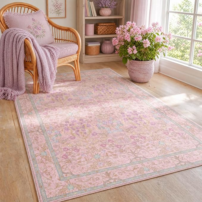 Boho Light Pink Bedside 3x5 Washable Rug for Bedroom, Thin Botanical Vintage Area Rug for Large Entry, Dorm, Kitchen, Foyer, Mudroom, Laundry - Cottage Core Low Pile Non Slip Indoor Front Door Carpet