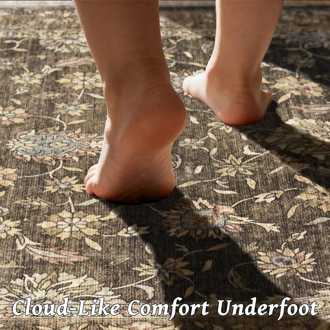 Boho Washable 9x12 Area Rugs for Living Room, Cushioned, Tan/Flaxen | Vintage Non-slip Neutral Oriental Rugs for Bedroom Dining Room Nursery Office High Traffic Area