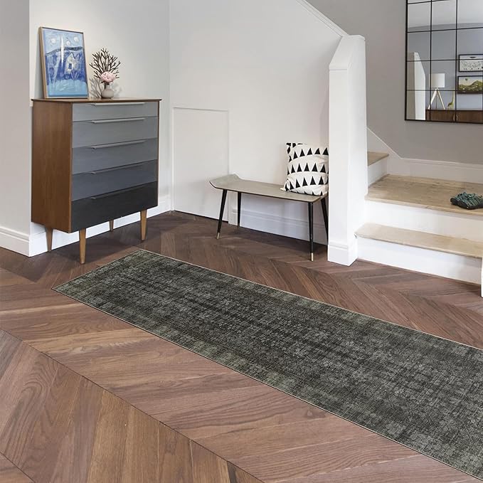 Washable Runner Hallway Rug, 2x6, Black | Low Pile, Non Slip, Non-Shedding, Soft Indoor, Stain Resistant Rug for Bedroom Laundry Room Bathroom