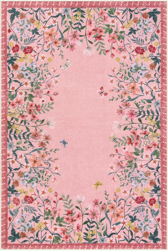 Wonnitar 5x7 Washable Area Rug, Pink Floral Rug for Living Room, Cute Boho Rug for Girls Bedroom, Non Slip Soft Nursery Carpet, Farmhouse Kids Room Decor (5x7 Pink)