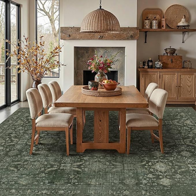 Rugxara Green 8x10 Area Rugs for Living Room Bedroom Large Washable Rug | Non Slip, Rug for Dining Room Bedroom Office Kids Room, Stain Resistant, Soft, Low Pile, Vintage Boho Retro Carpet,Home Decor