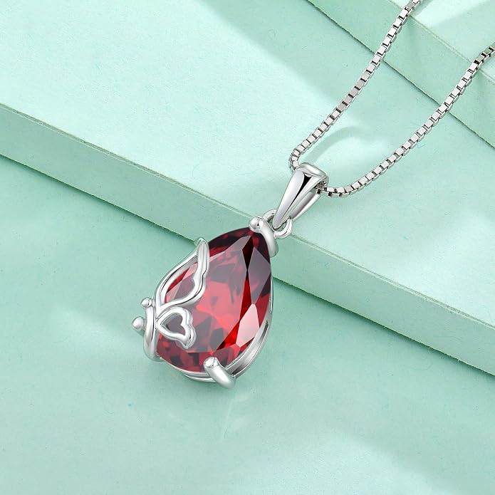 Teardrop Necklace 925 Sterling Silver Butterfly Pendant Necklace Birthstone Jewelry for Women