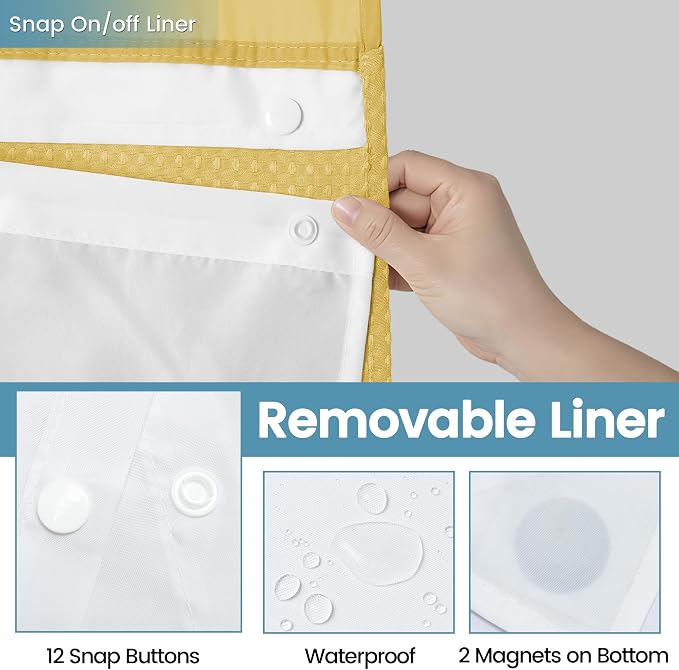 EUTXL 256GSM Heavyweight No Hook Shower Curtain with Snap in Liner,Waffle Weave Shower Curtains for Bathroom,71W x 74H,Yellow