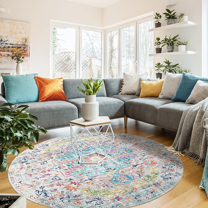 Mandala - Indoor Area Rugs 6R Washable, Stain Resistant Machine Washable Rugs for Living Room, Bedroom, and Modern House Décor - Durable Polyester Material, Colorful Patterned - Blue & Multi Color