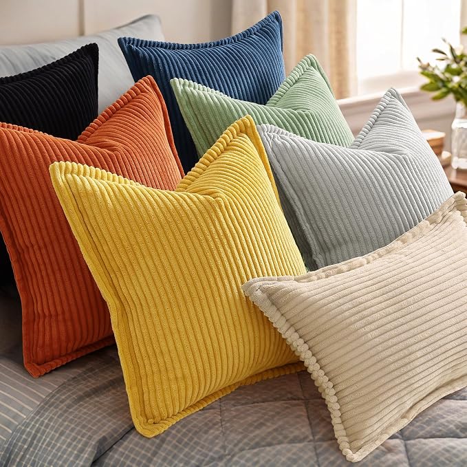decorUhome Fall Corduroy Mustard Yellow Throw Pillow Covers 22x22 Set of 2 | Euro Sham Couch Decorative Soft Modern Boho Farmhouse Pillow Covers Broadside Striped Pillow Cases for Living Room Bed Sofa