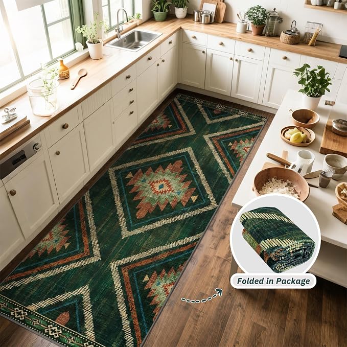 Runner Rugs for Hallway Boho 3x10Ft Non Slip, Green Moroccan Washable Kitchen Rug Runner Non Shedding, Soft Geometric Entryway Floor Carpet for Floor Bedroom Doorway Office Decor