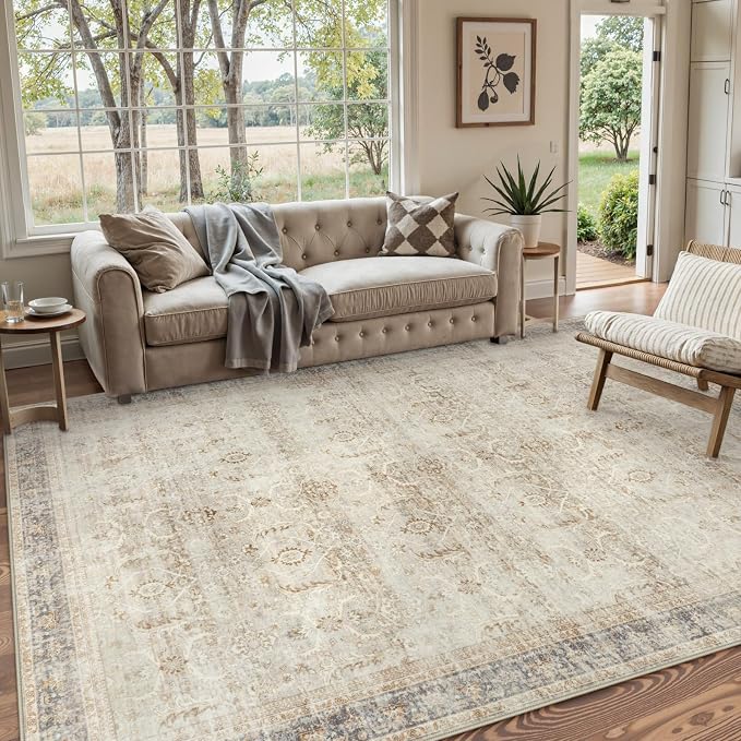 Collive Large Area Rug for Living Room 9x12, Washable Area Rug 9x12 Non Slip Vintage Farmhouse Bedroom Carpet Stain Resistant Ultra-Thin Low Pile Aesthetic Print Floor Rug for Dining Office - Tan