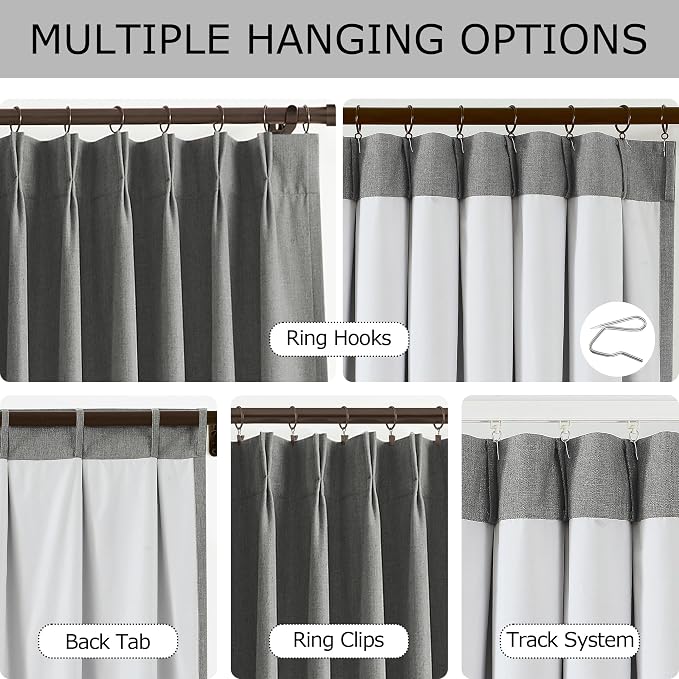 Vision Home Pinch Pleated Dark Grey Blackout Curtains 90 inch Linen Blended Room Darkening Drapes with Thermal Insulation & Back Tab Hooks for Bedroom Living Room, 40" Wx90 L 2 Panels