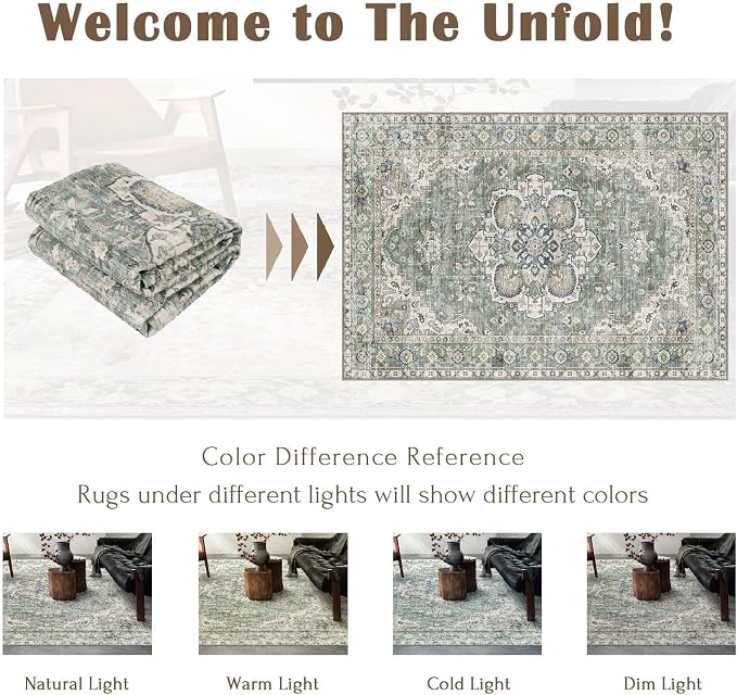 LUXRUG Washable Area Rug 8x10 - Large Sage Green Boho Rugs for Living Room Soft Vintage Bedroom Rug Ultra-Thin Farmhouse Oriental Distressed Carpet Non Slip Rug for Dining Room Guest Room Home Decor