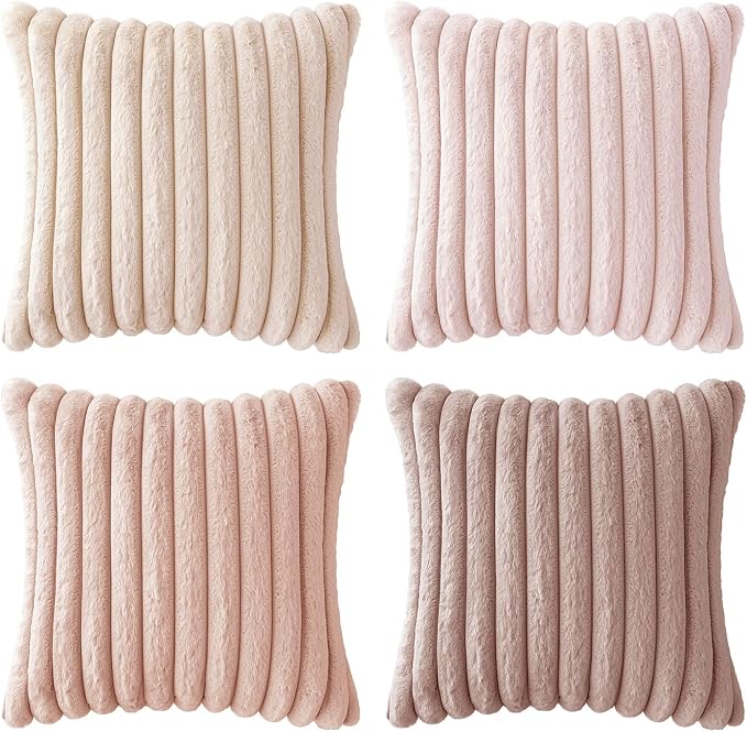 MIULEE Faux Fur Plush Decorative Throw Pillow Covers 16x16 Set of 4, Valentine's Day Cute Modern Soft Romantic Fuzzy Striped Cushion Covers for Sofa Couch Bed Living Room Cozy Home Decor,Pink