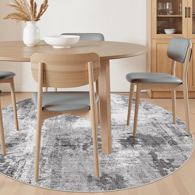 Abstract 5FT Round Rug: Machine Washable Non Slip Ultra Thin Low-Pile Carpet, Soft Stain Resistant for Living Room Bedroom Nursery, Kid Pet Friendly, Robot Vacuum Compatible - Grey