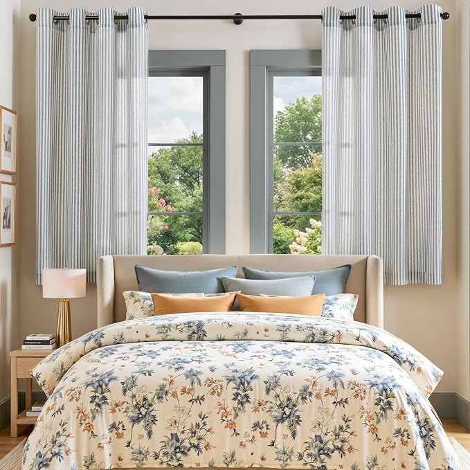 Vangao Linen Striped Curtains for Living Room Bedroom Farmhouse Tickingstripe Light Filtering Window Curtains Printed Drapes Grommet Top 2 Panels Blue W50 x L63 Inch