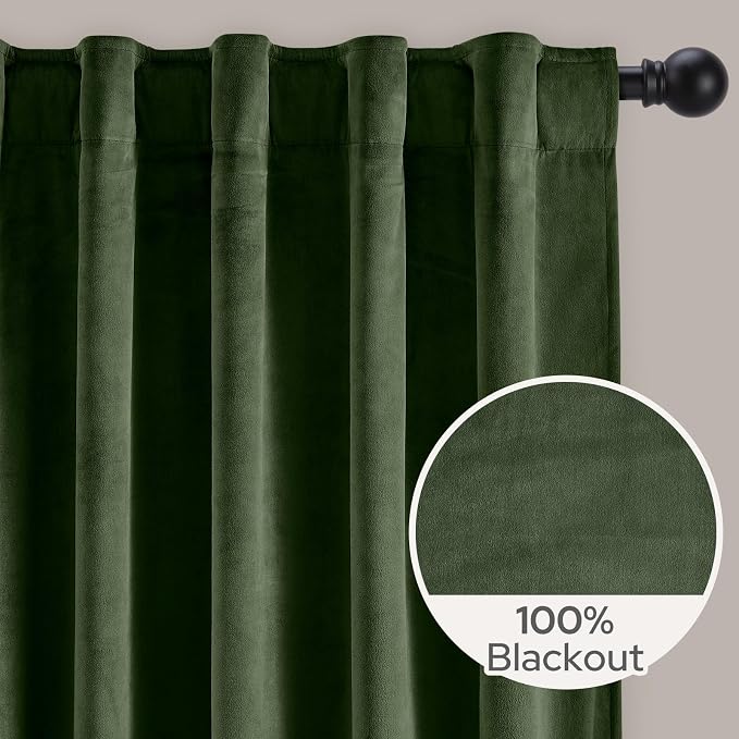 HOMEIDEAS 100% Blackout Olive Green Velvet Curtains, Thermal Insulated Luxury Vintage Winter Christmas Velvet Drapes for Bedroom, Living Room, Home Decor, 52 x 84 Inch, 2 Panels