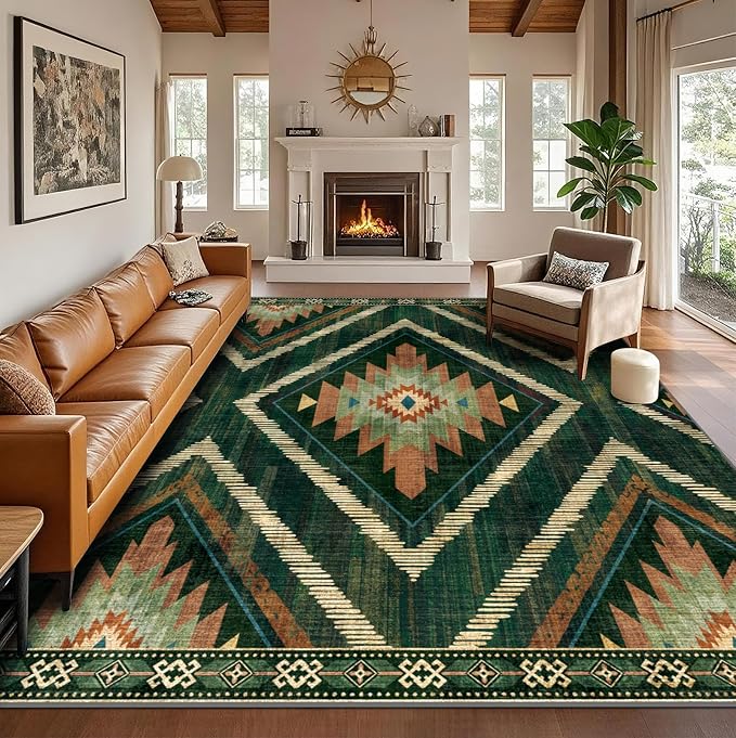 9x12Ft Boho Washable Area Rugs, Large Living Room Area Rug Non Slip, Low Pile Green Moroccan Bedroom Carpets, Non Shedding Soft Floor Carpet for Dining Room Nursery Home Office