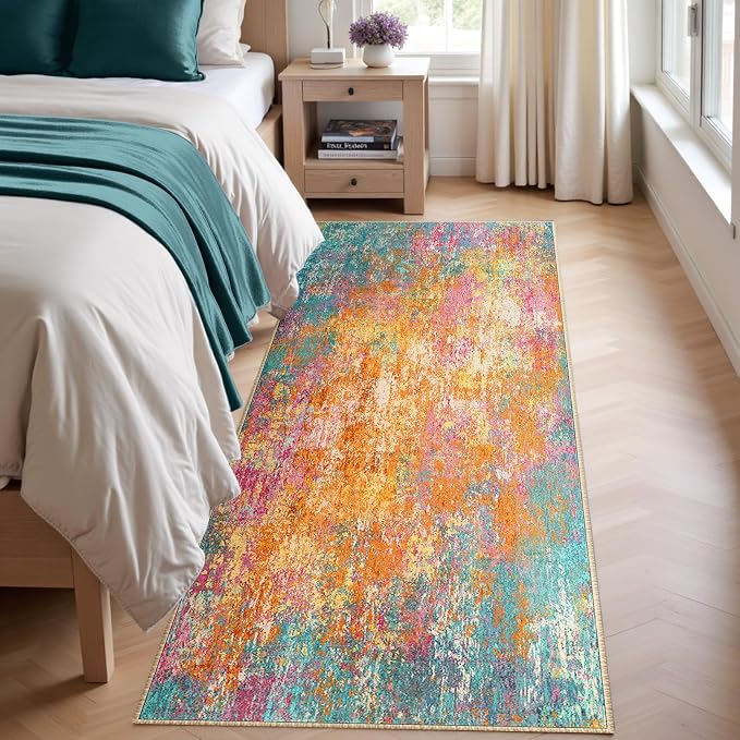 RELEANY Washable Area Rugs 2'x10' Non-Slip Modern Abstract Soft for Living Room Entryway Bedroom Kitchen, Print Pattern, Orange Blue Pink Yellow Colorful