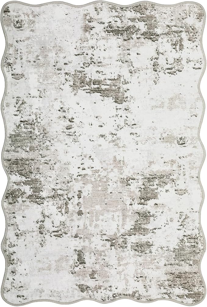 ROYHOME Modern Scalloped Abstract 2x3 Area Rug Non Slip Non Shedding Low Pile Stain Resistant Rug for Entryway Kitchen Bedroom,Taupe