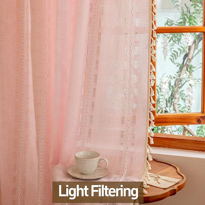 Pink Boho Sheer Curtains 72 inches Long 2 Panels for Bedroom, Light filtering Semi Sheer Bohemian French Country Privacy Tassels Vintage Chic Embroidery Stripes Window Decor Curtains Back Tab, 50" W