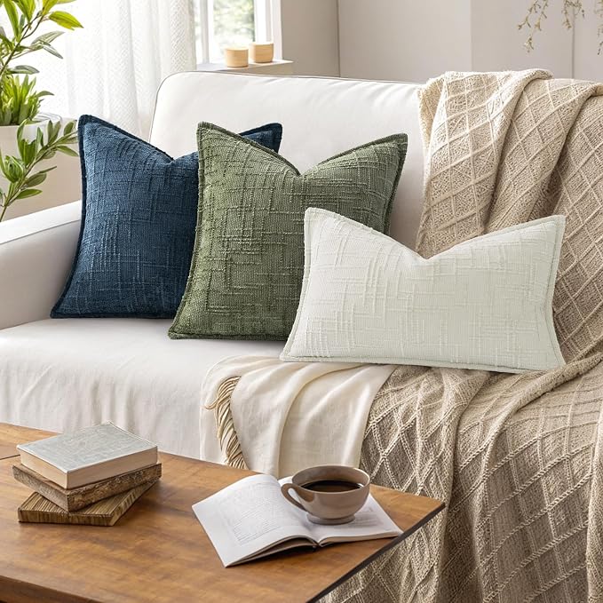 decorUhome Chenille Decorative Throw Pillow Covers 24x24 Set of 2,Olive | Soft Texture, Slubby Modern Design, Flange Edges, Cozy Accent Pillow Covers for Couch, Sofa, Bed, Living Room