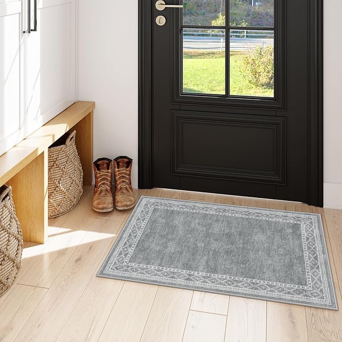 Lahome Modern Bordered Kitchen Rugs Non Slip, 2x3 Entryway Rugs Indoor Washable Ultra-Thin Indoor Door Mat, Soft Throw Carpet for Bathroom Bedroom Entry (2x3ft,Grey)
