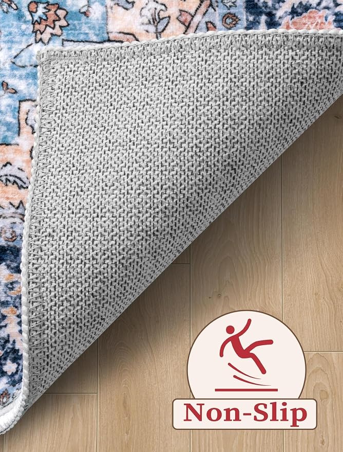 SERISSA Runner Rug for Hallways, 3x12 Washable Non Slip Kitchen Runner Rug, Extra Long Boho Rug Ultra Soft Vintage Blue Orange Print Floor Carpet for Bedroom Hallway Entryway Bathroom Laundry Room