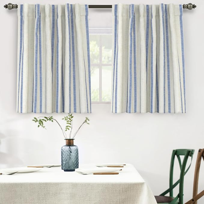 DriftAway Farmhouse Stripe Blackout Curtains, W52xL36, Navy | Blackout, Linen Texture, Stripe Pattern, Rod Pocket & Back Tab, Two Layers, Bedroom Living Room Use, Sound Reducing Design