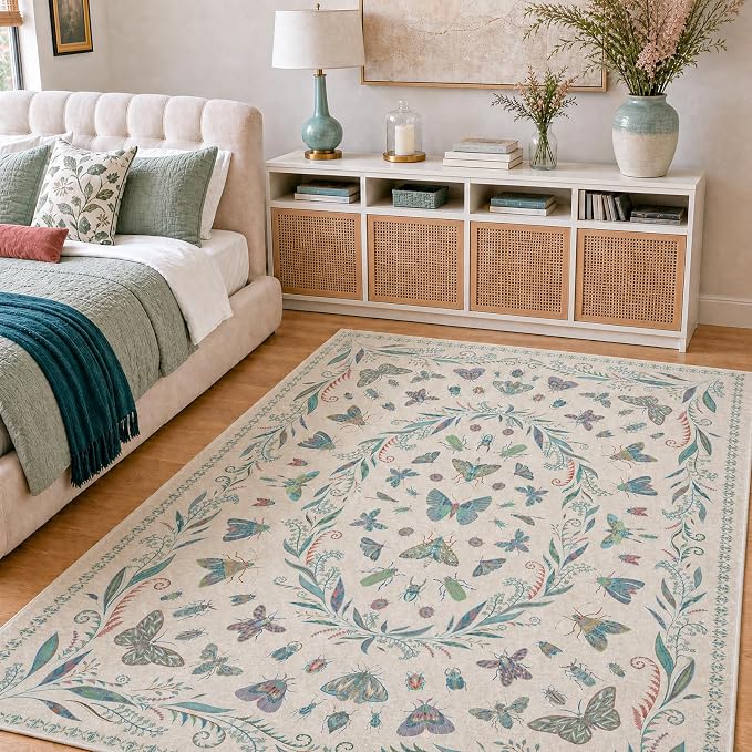 Light Green and Pink Rug 4x6 Rugs for Bedroom Under Bed - Insect Print Multi Color Decor, Low Pile Non Slip Stain Resistant Throw Rug for Nursery Room Boys, Kitchen, Floor Carpet Aesthetic