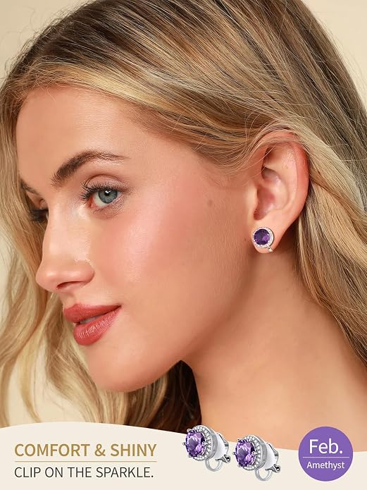 FindChic Sparkling Birthstone Clip On Earrings for Women, Silver Plated Stud Earrings 8MM Cubic Zirconia Non Pierced Studs, 12 Months Birthday Jewelry Gift