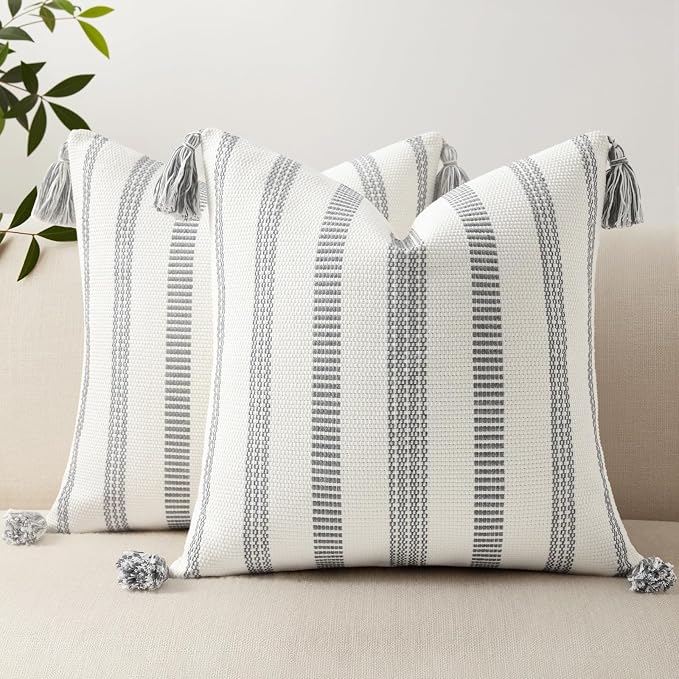 Smile Bee Boho Outdoor Couch Throw Pillow Covers Set of 2 Decorative Thick Woven Striped Accent Neutral Pillow Covers with Tassels for Bed Sofa Home Decor 20x20 Inch, Grey and Cream White | Woven Cozy Boho Decorative Modern Farmhouse Accent Pillow Case...