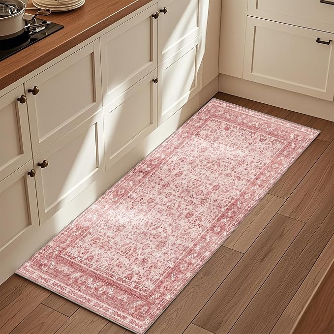 OPPODREAM Vintage Pink 2x6 Runner Rug, 2 x 6 Retro Washable Rug Non Slip, Low-Pile Faux Wool Carpet, Distressed Floor Mat for Kitchen, Hallway, Entry-Way, Entrance, Indoor Back Door