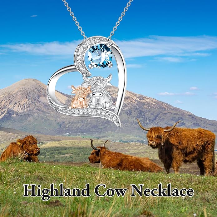 Highland Cow Gifts for Women 925 Sterling Silver Highland Cow Birthstone Necklace Fluffy Cow Jewelry Gifts Birthday Christmas