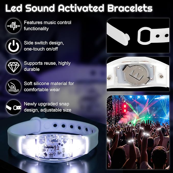 24 Pcs LED Bracelets Sound Activated Light Up Bracelets, Flashing LED Strobe Music Control Light Up Bracelets with Adjustable Buckle for Wedding, Carnival Parades,Concerts, Evening Ice-Skating Parties