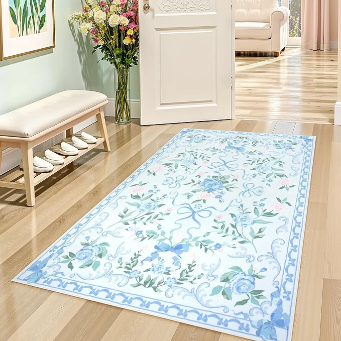 Collive 3x5 Nursery Rug, Boho Blue Floral Area Rugs Machine Washable, Soft Ultra-Thin Bow Carpet Non Slip for Girls Room Bedroom Entryway Playroom Living Room (Blue, 3' X 5')