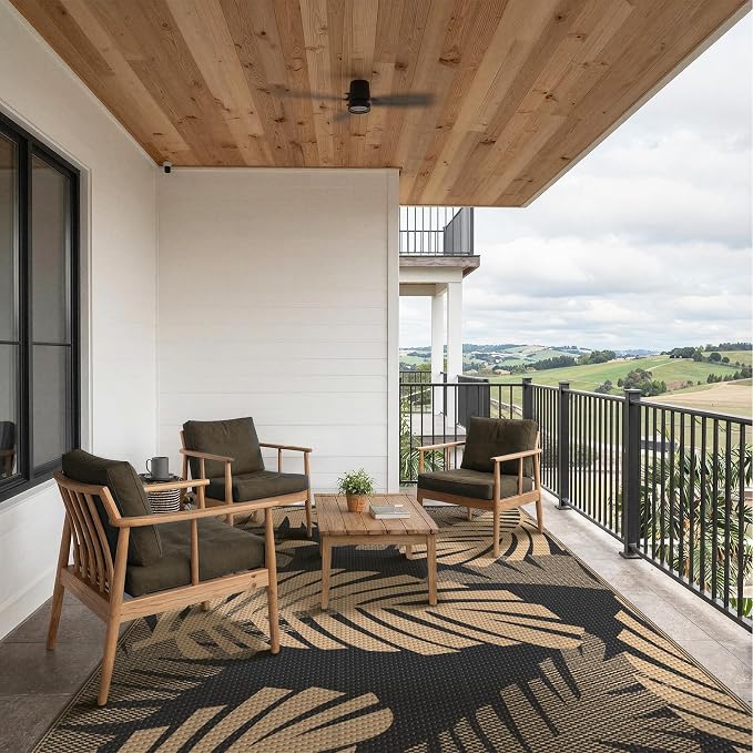 GENIMO Outdoor Rug, Waterproof Plastic Rugs for Patio, 9'x12' Black Brown | Outside Larger Leaf Carpet Mat for Porch Decor, Deck, Balcony, Camping, RV, Backyard, Picnic, Beach, Reversible, Foldable