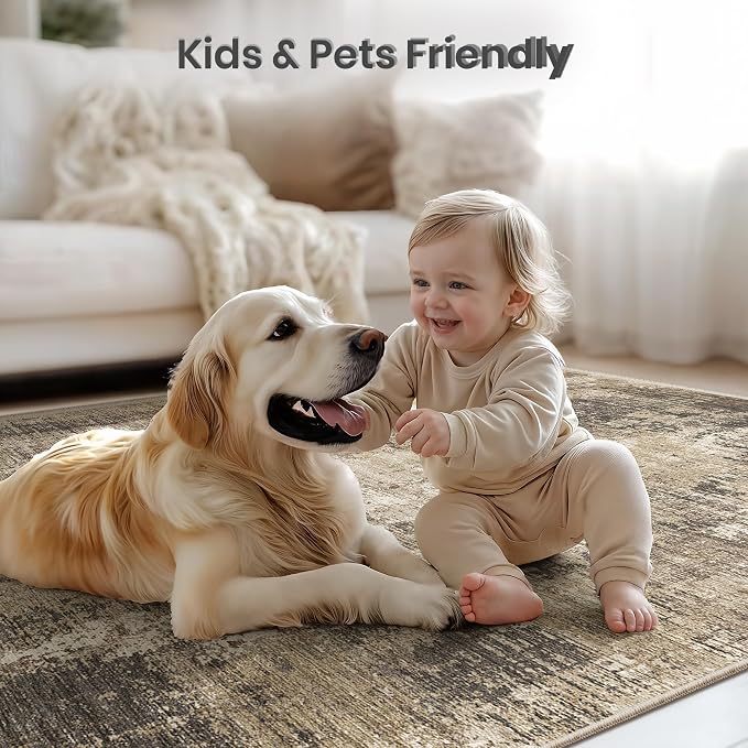 Valenrug Washable Rugs 4x6 - Stain Resistant 4x6 Area Rugs for Living Room, Non Slip Backing Abstract Rugs for Bedroom, Folable Machine Washable Area Rug(4'x6', Taupe)