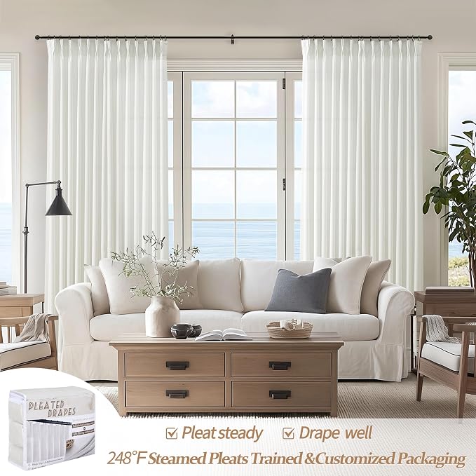 PleatedDrapes Light Filtering Pure White Curtains 84 Inches Long for Living Room, Modern Linen Blend Textured Sheer Memory Shape Trained Pleat Curtain Back Tab for Bedroom 2 Panel Set Window Drape 7FT