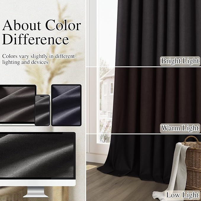 Guken Black 100% Blackout Linen Curtains 63 Inch Length 2 Panels Set for Living Room Bedroom Back Tab Thermal Insulated Black Out Drapes Room Darkening Farmhouse Window Curtains 52x63