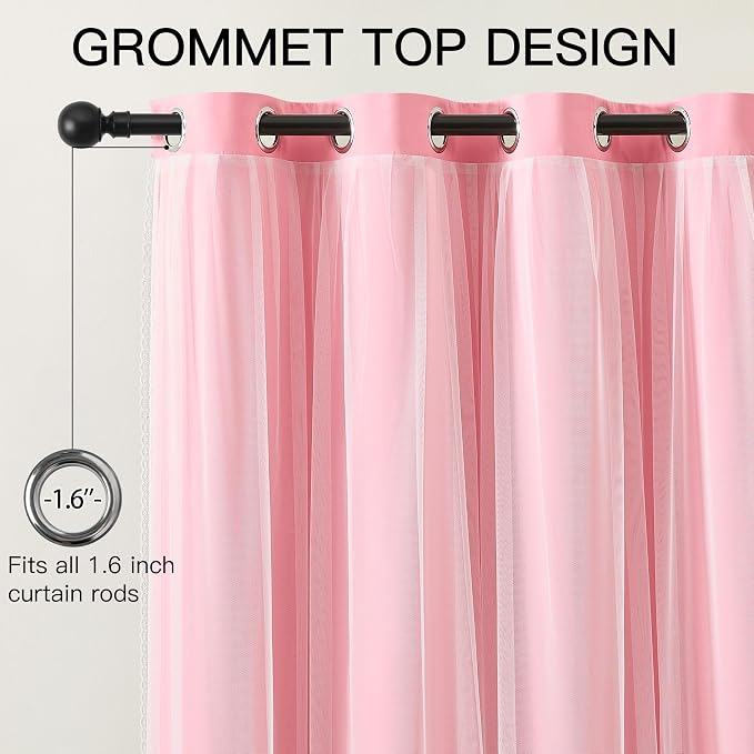 XiDi Pink Blackout Curtains with Sheer Overlay for Girls Kids Bedroom 96 Inches Long Princess Nursery Pink Lace Double Layer Curtains Thermal Insulated Room Darkening Grommet Drapes 2 Panels W34xL96