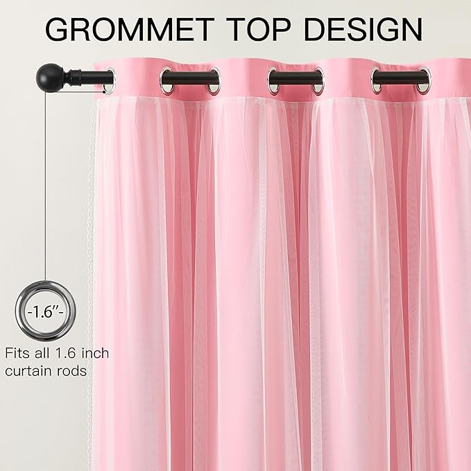XiDi 100% Blackout Pink Girls Curtains for Bedroom 63 Inches Long 2 Panels Nursery Curtains with Sheer Overlay Kids Princess Room Decor Soundproof Light Blokc Grommet Window Drapes Pink 52W x 63L