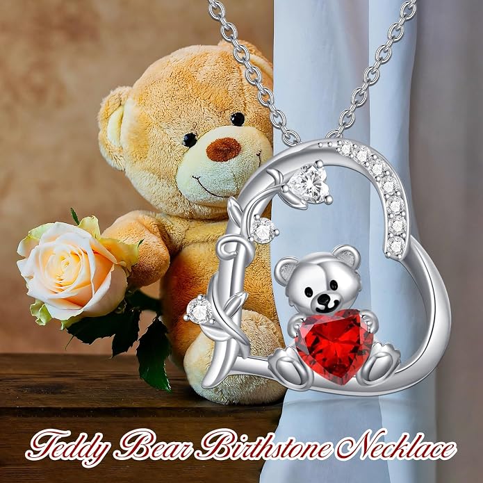PELOVNY Teddy Bear Necklace for Women 925 Sterling Silver Bear/Highland Cow/Fox/Cat/Axolotl Birthstone Necklace Christmas Birthday Jewelry Gifts for Mom Daughter Wife Sister