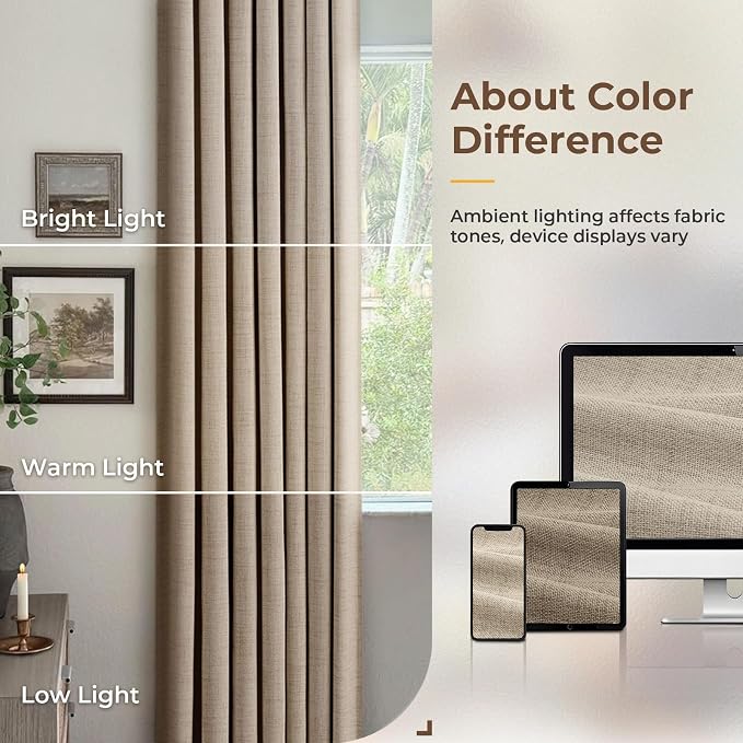 INOVADAY 100% Blackout Curtains for Bedroom, Burlywood Birch Black Out Curtains 96 Inch Long, Clip Rings Linen Blackout Drapes, Thermal Insulated Room Darkening for Living Room, 2 Panels - W50xL96