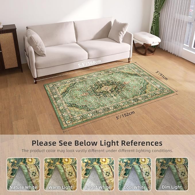 Deerly Green Rug 3x5 Area Rug with Non-Slip Backing, Washable Rugs for Bedroom Living Room Kitchen, Distressed Carpet Printed Low-Pile Soft Dorm Rug Room Decor(Border Green)
