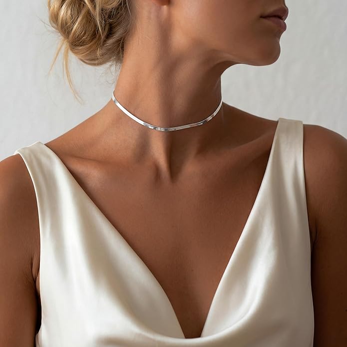 WomenGifts 14K Gold Silver Plated Herringbone Necklace for Women, Dainty Snake Chain Choker, Trendy Simple Long Layered Jewelry Non Tarnish, 3/4/5/8mm,14,16,18,20,22,24,26 Inch Thin & Chunky Options