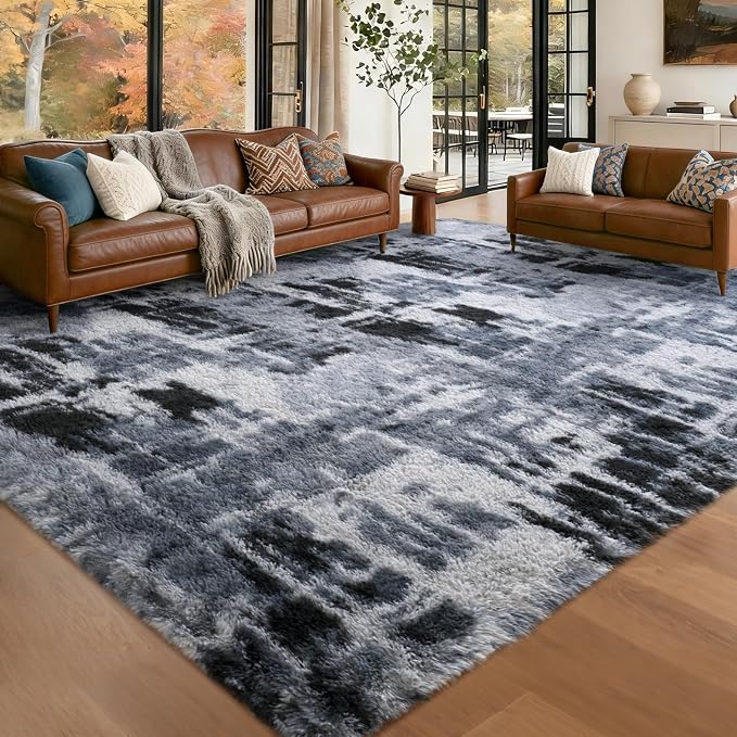 Large Shaggy 6x9 Area Rugs for Living Room Decor, Non-Slip Tie-Dyed Rugs for Bedroom Kids Playroom Dorm Room, High Pile Ultra Soft Carpet, Blue