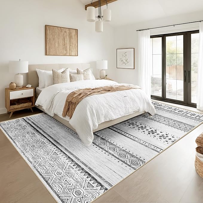 BESTSWEETIE 5x7 Area Rugs for Living Room Washable Moroccan Farmhouse Neutral Geometric Low Pile Non-Slip Soft Print Pattern Rug for Bedroom Kitchen Dining Room Entryway Grey/Black/Navy