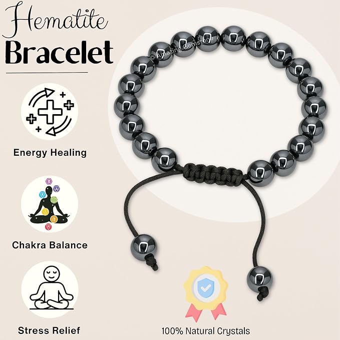 Amazing Gemstone Hematite Bracelet, Gifts for Men & Women - Protection Healing Crystal Bracelet - 8mm Gemstone Beaded Adjustable Bracelet, Pulseras para Hombres Mujer Stocking Stuffers