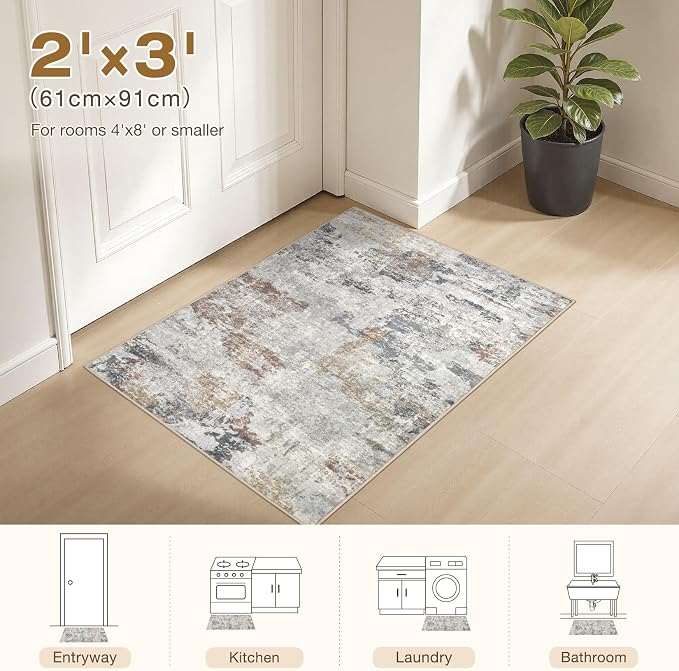 DMOYEST 2x3 Small Area Rug - Washable & Non Slip Indoor Entryway Rug, Low Pile Front Door Mat, Kid & Pet Friendly Carpet for Living Room, Kitchen and Bathroom - Grey/Orange/Yellow