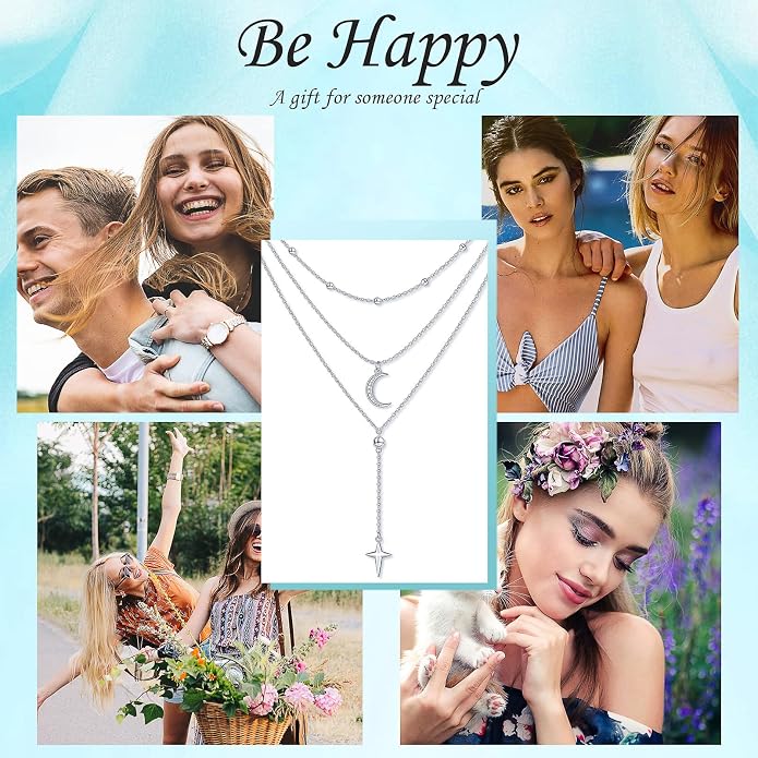 Layered Choker Necklaces for Women S925 Sterling Silver Circle/Heart/Cross/Star Multi Layered Necklace Handmade Bead Chain Adjustable Jewelry for Birthday